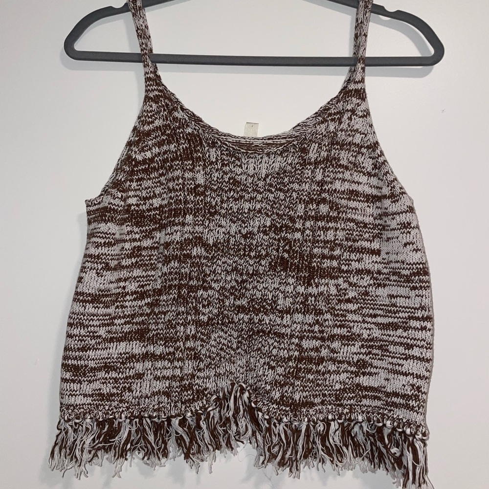 Brown and White Knit Fringe Tank Top